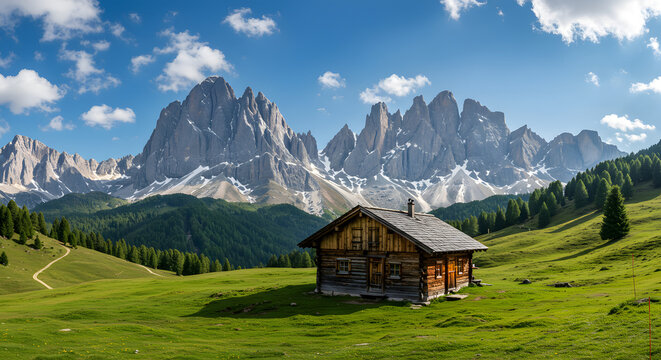Scenic Mountain Landscape with Rustic Cabin and Lush Green Meadow high quality