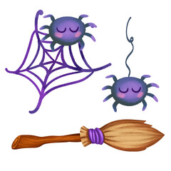 Cute illustration of spiders on a web and a broom. Elements for Halloween design. In watercolor style