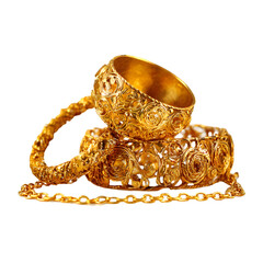 Intricate antique gold bangles and bracelet with delicate chain isolated on transparent background