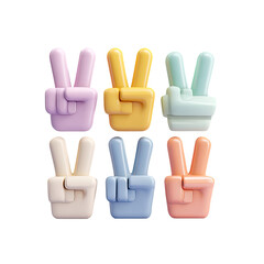 Obraz premium Six pastel-colored peace signs, 3D rendered hands showing the 