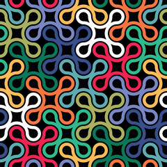 Wavy interlocking geometric shapes create a multicolored decorative grid on a black background. Trendy modern style. Abstract vector illustration for wallpaper, textile, wrapping, and print.