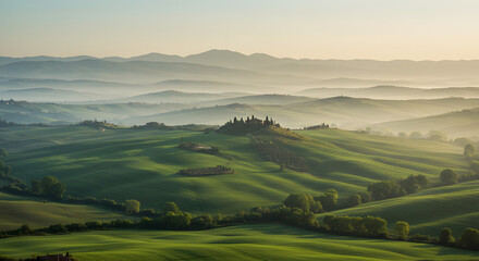 Obraz premium Scenic Tuscany Landscape at Dawn: Rolling Hills and Misty Mountains high quality