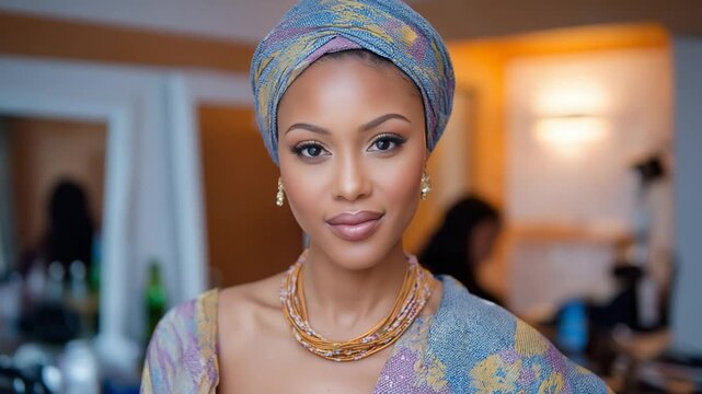 Nigerian bride prepares with vibrant gele and expert makeup artist.