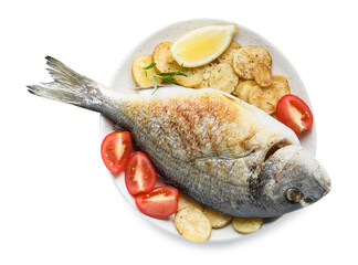 Tasty roasted dorado fish served vegetables and spices isolated on white, top view. Homemade seafood dish