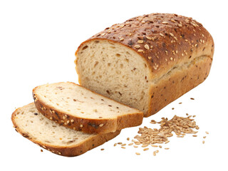 Partially sliced loaf of multigrain bread with seeds isolated on transparent background, ideal for bakery ads, healthy eating visuals, packaging, or food blogs