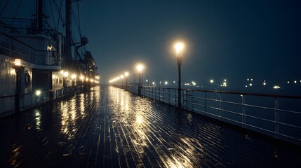 Fototapeta premium Wet walkway with streetlights at night reflecting on the ground near a building.