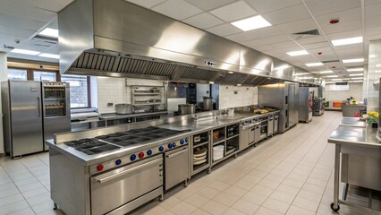 Professional stainless steel commercial kitchen with cooking equipment and appliances