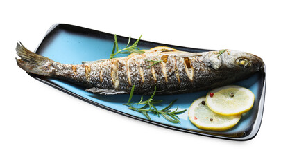 Tasty roasted seabass fish with spices isolated on white. Homemade seafood dish
