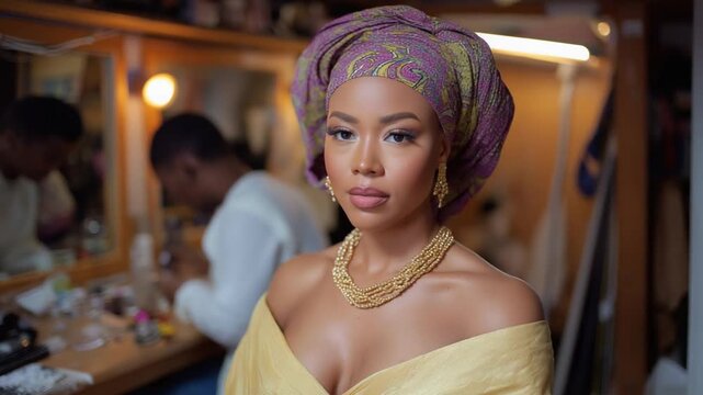 Nigerian bride in a Lagos room, adorned with a gele headwrap, receives expert makeup artistry.