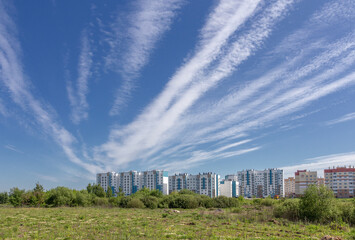Interesting clouds over a modern city, a beautiful natural phenomenon