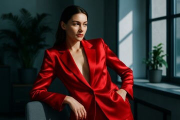 Elegant woman in red suit posing indoors by window with plants  
