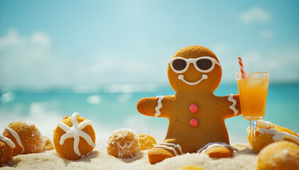 Gingerbread man relaxing on a tropical beach, sunbathing in sunglasses and sipping a cocktail
