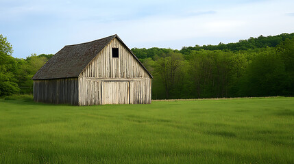 Obraz premium An old barn made of weathered wood set in a green field 