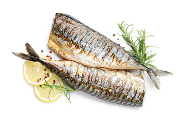 Tasty roasted mackerels with spices isolated on white, top view. Homemade seafood dish