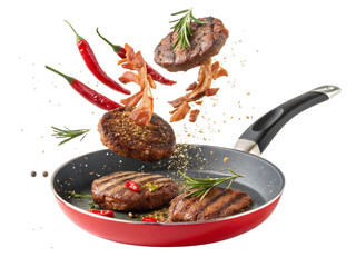 Grilled beef burger patties with flying bacon, chili, and seasoning in red frying pan isolated on transparent background, perfect for cooking, BBQ, or food ad concepts