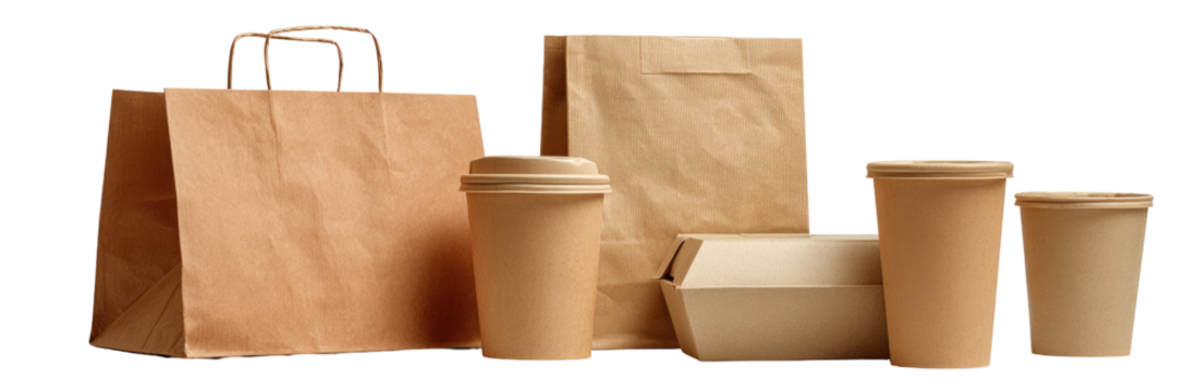 Assorted brown paper takeout containers and bags
