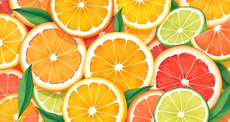Obraz premium Seamless vector pattern of vibrant citrus fruit slices including lemon, orange, and lime, perfect for a fresh food background