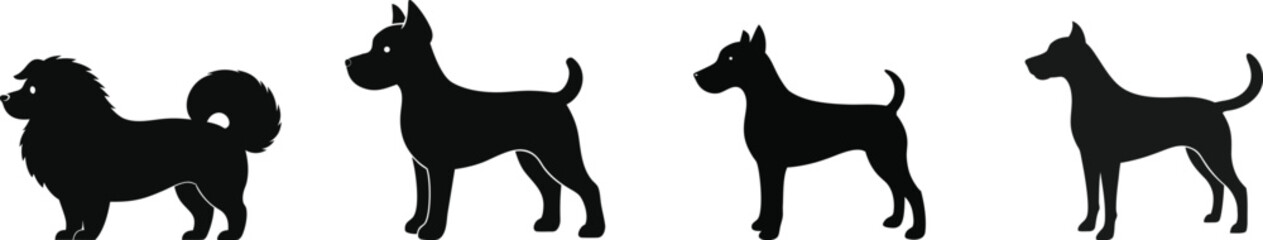 Four Different Dog Breed Silhouettes on Transparent Background
