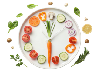 Conceptual vegetable food clock on white plate – healthy eating schedule with fresh herbs and sliced vegetables on transparent background