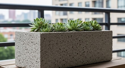 Succulents in a rectangular concrete planter on a balcony with city view