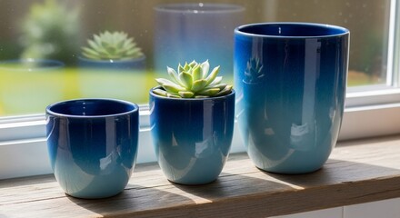 Succulent in graduated blue ceramic pots on a windowsill under natural light