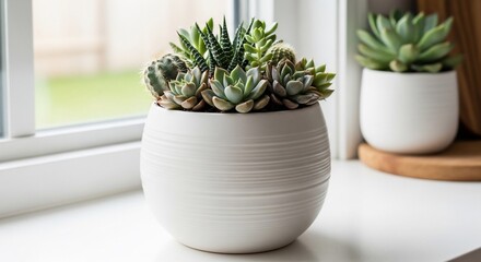 Succulents in Stylish White Pots Adorn a Bright Window Sill Displaying Natural Beauty