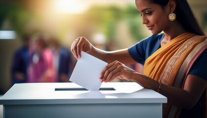 citizen casting a vote into a ballot box during an election a close up on the hand and ballot symbolizing democracy civic duty and the voting process blurred background
