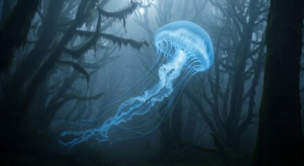 Surreal Bioluminescent Jellyfish Floating Through a Mysterious Forest