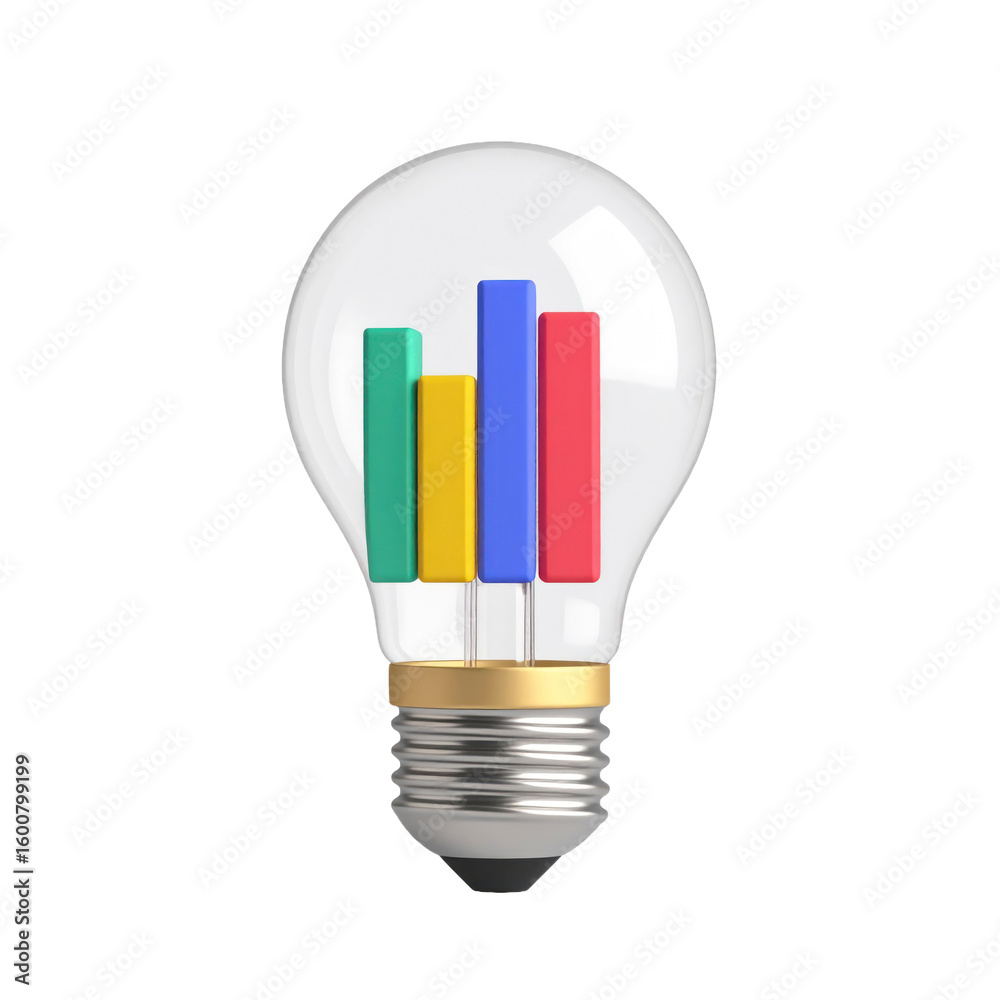 Poster light bulb with color bar graph representing data analysis and business ideas on transparent backgro