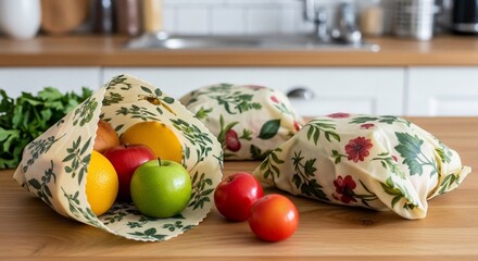 Sustainable Kitchen: Fresh Produce Stored in Floral Beeswax Wraps on Wooden Countertop