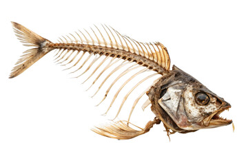 Cooked fish skeleton with crumbs and spices on transparent background &ndash; partially eaten seafood remains, realistic food waste concept