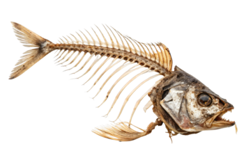 Cooked fish skeleton with crumbs and spices on transparent background – partially eaten seafood remains, realistic food waste concept