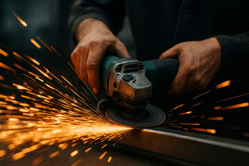 Close up of hands using angle grinder creating bright orange sparks on metal grinding