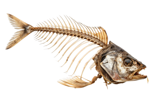 Cooked fish skeleton with crumbs and spices on transparent background – partially eaten seafood remains, realistic food waste concept
