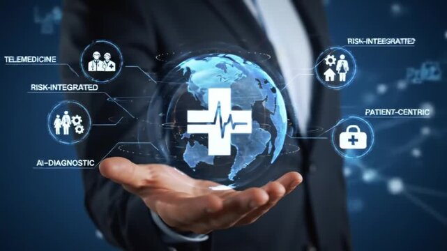 Futuristic Healthcare Technology Concept with Digital Earth Globe and Medical Icons in Hand - Modern Medicine Innovation