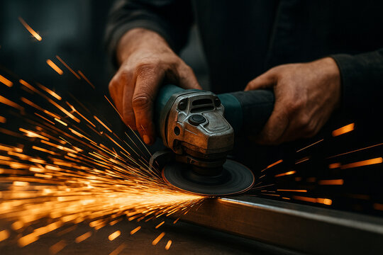 Close up of hands using angle grinder creating bright orange sparks on metal grinding