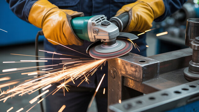 Close up of hands wearing yellow gloves using an angle grinder on metal tool sparks - Powered by Adobe