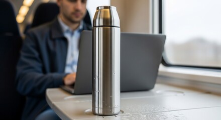 Sustainable travel: Focus on reusable water bottle during a train journey