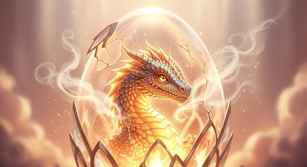 The golden dragon emerging from a cracked egg, bathed in warm light