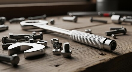Tools of the Trade: A Detailed Still Life of Wrenches, Nuts and Bolts on Wood
