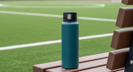 Turquoise Water Bottle on a Bench Overlooking a Green Field in the Background