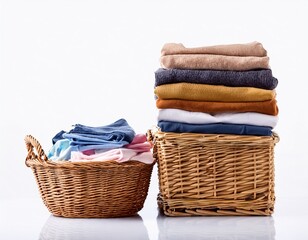 stack of clean clothes and wicker basket with clean laundry isolated on white background