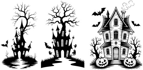 Fototapeta premium Spooky haunted houses with bats ghosts and pumpkins halloween castle