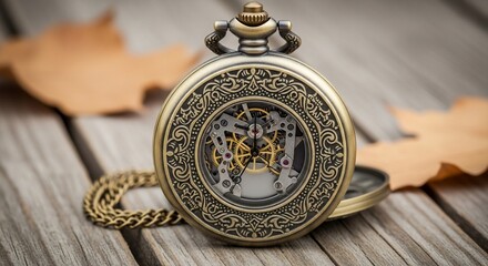 Vintage Pocket Watch with Intricate Detailing and Autumnal Setting on Wood Surface