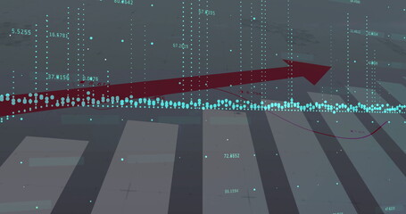 Showing deep red upward arrow sweeping on dark digital chart, with cyan points and floating labels