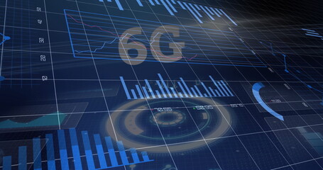 Displaying dashboard interface on dark blue grid showing 6G text, HUD gauge, bar and line charts