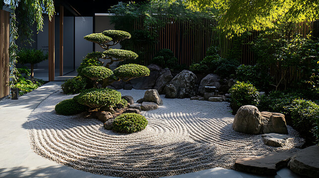  Peaceful meditation in the heart of a zen garden with pruned bonsais and raked gravel 