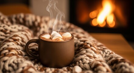 Warm winter drink: Hot chocolate with marshmallows by the fireplace scenery