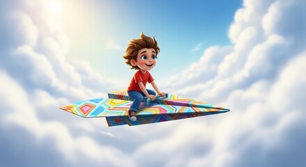 Whimsical Flight: A Boy's Dream Takes Wing on a Colorful Paper Airplane