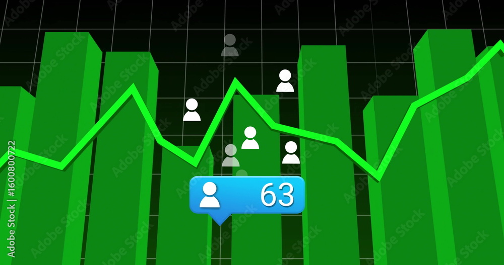 Poster displaying 3d green bars and line graph on grid dashboard, featuring blue tooltip and user icons